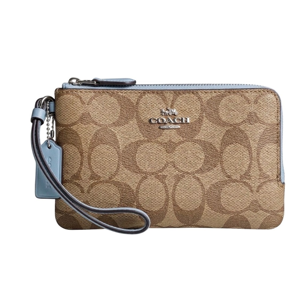 Coach Double Zip Wristlet Monogram Wallet Signature Canvas in Brown Light Blue